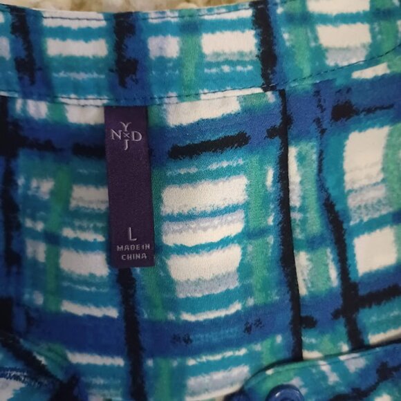 NYDJ L Blue Green Painterly Plaid Chiffon Tunic Top 3/4 Sleeve Pullover - Picture 3 of 8